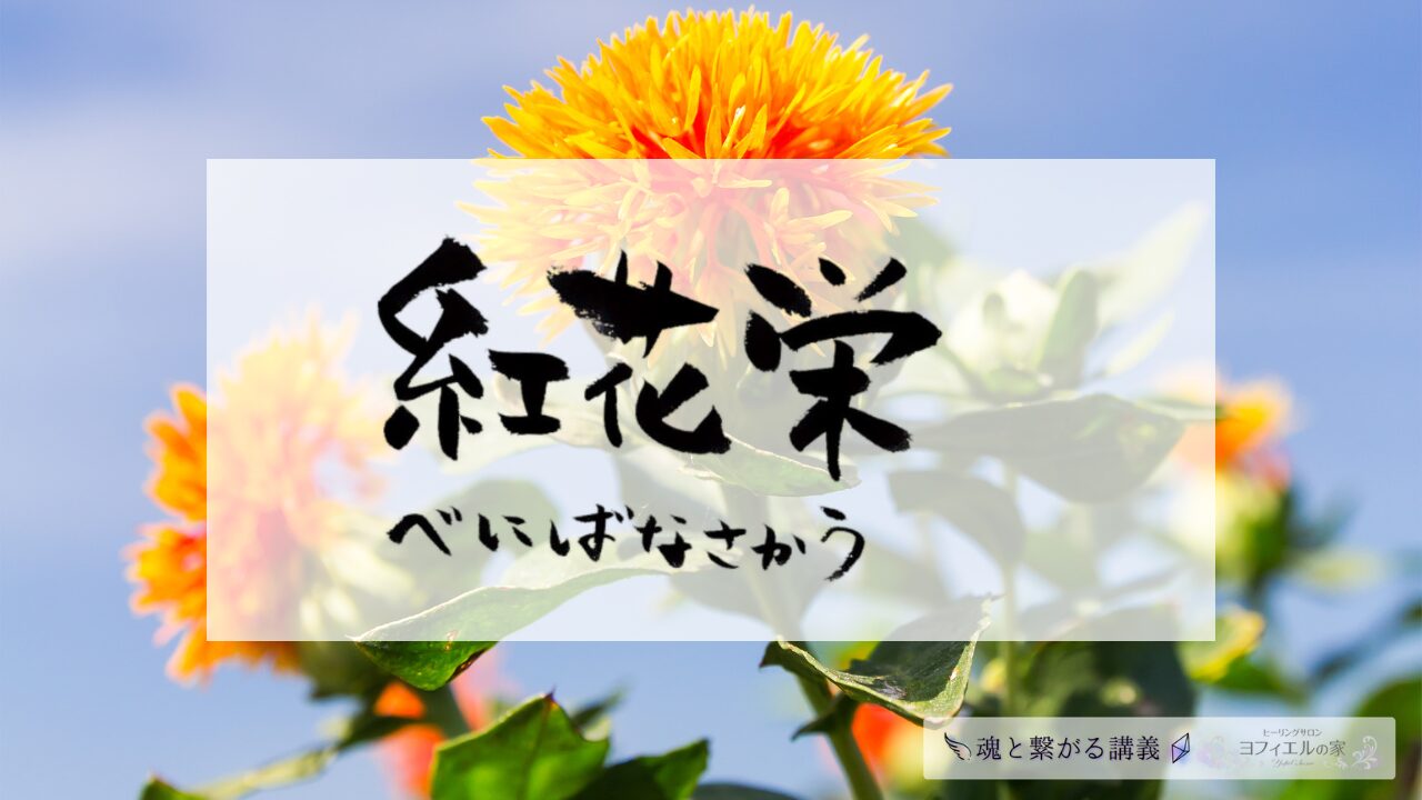 青空の下に咲く紅花を背景に、「紅花栄（べにばなさかう）」と筆文字で描かれたサムネイル画像。和の美しさと自然の力強さが感じられる。