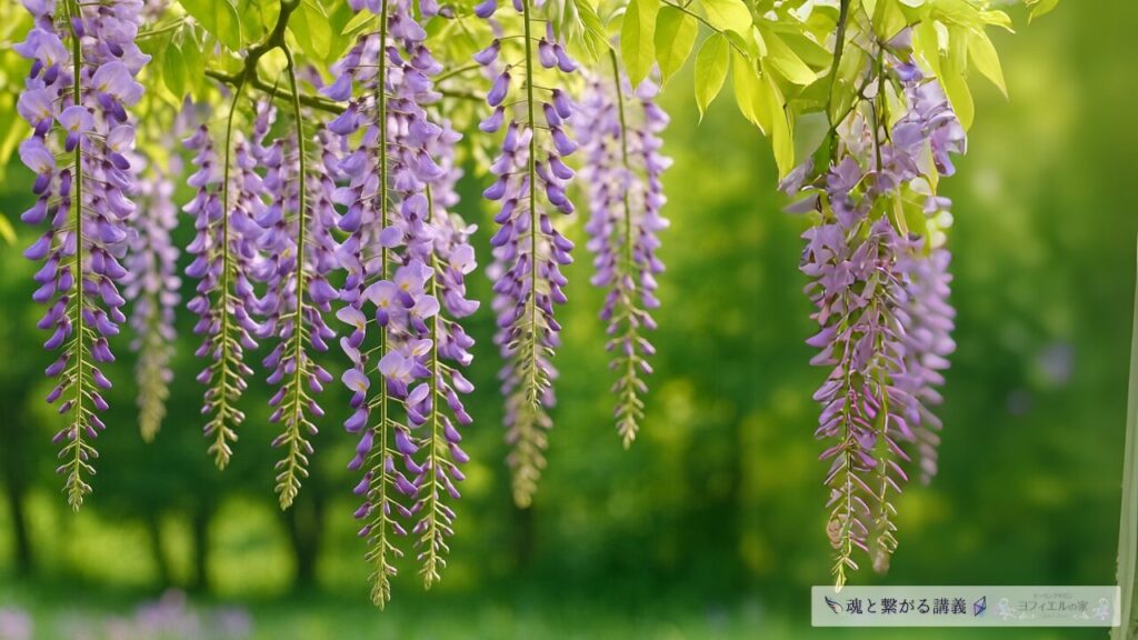 柔らかな日差しの中で、薄紫の藤の花が風に揺れる春の終わりから初夏への風景。香り立つ花房が命の目覚めを感じさせる。