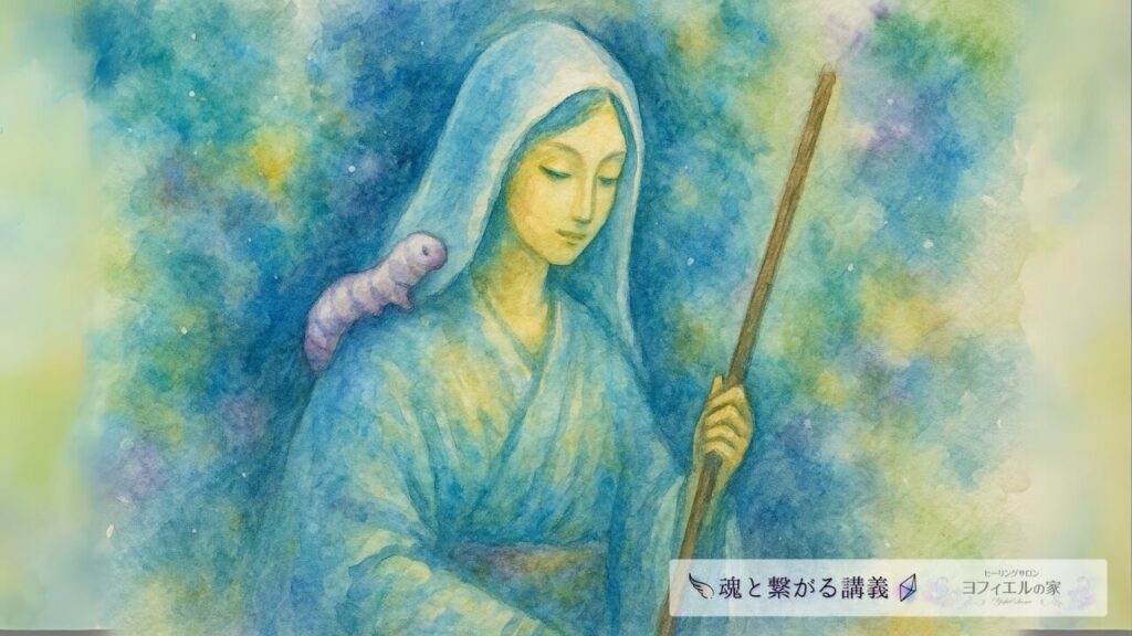 水彩画調で描かれた、青い衣をまとった女性神の肩に蚕が乗る幻想的なイラスト。東北に伝わる蚕の神・オシラサマを想起させる。