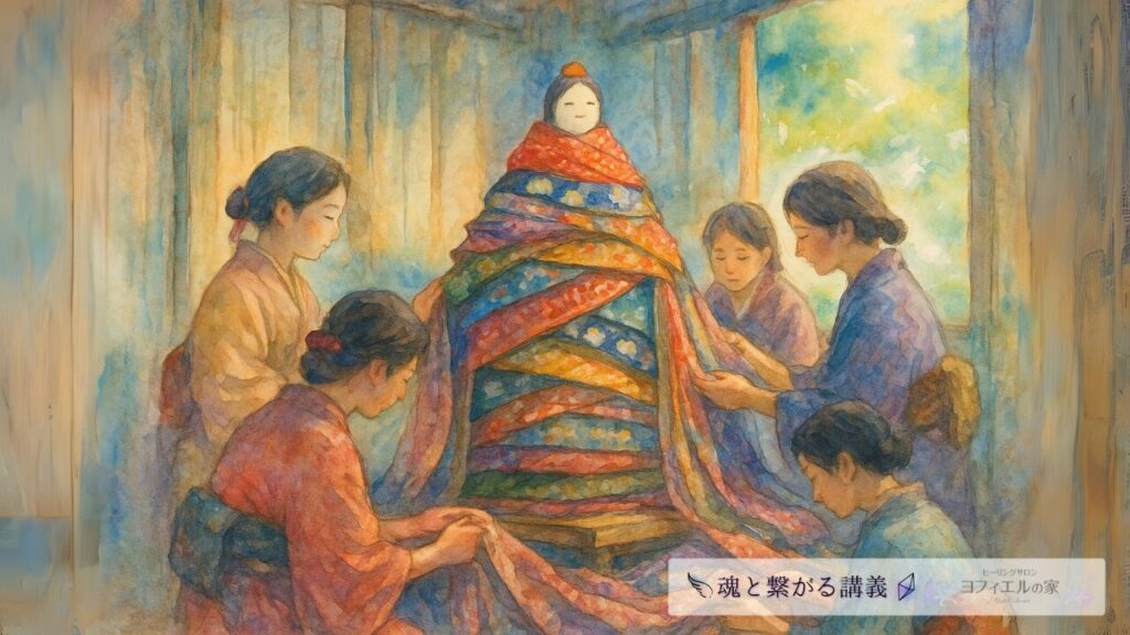 オシラサマの神像に色とりどりの布を重ねてまとう女性たちを描いた水彩画。静かな祈りと命の循環を象徴する民俗的な風景。